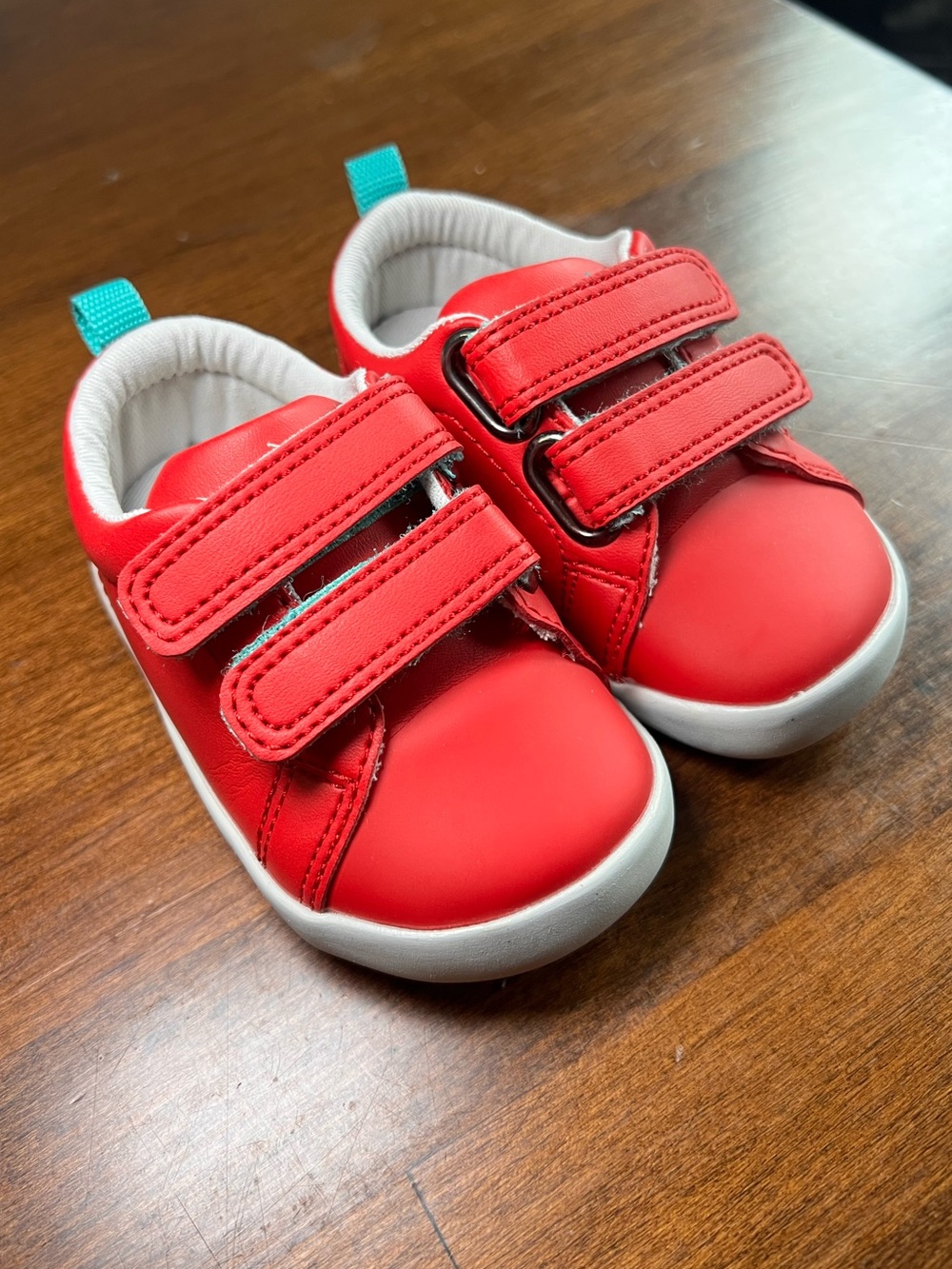 Ten Little Toddler Size 4 Red Hook and Loop Sneakers with Teal accent